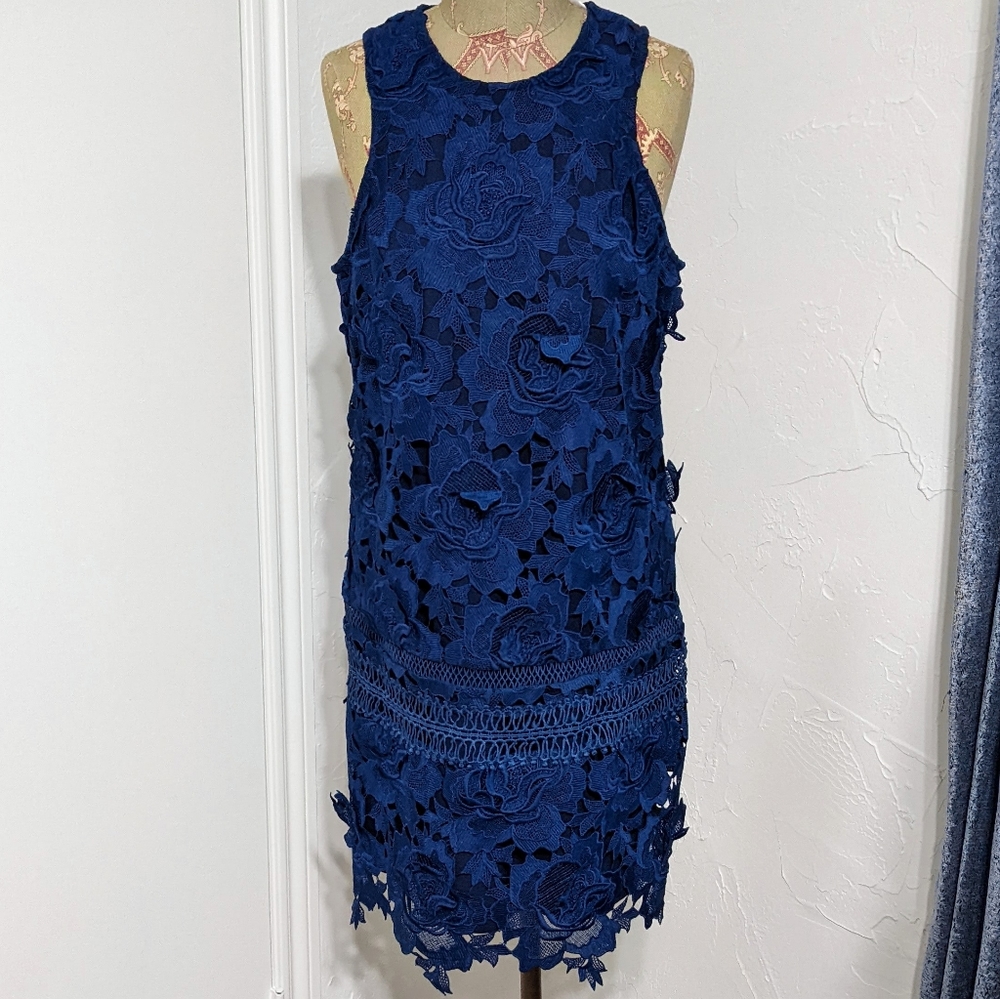Lovers + Friends Lace Caspian Shift Mini Dress Navy Blue L Large Sleeveless